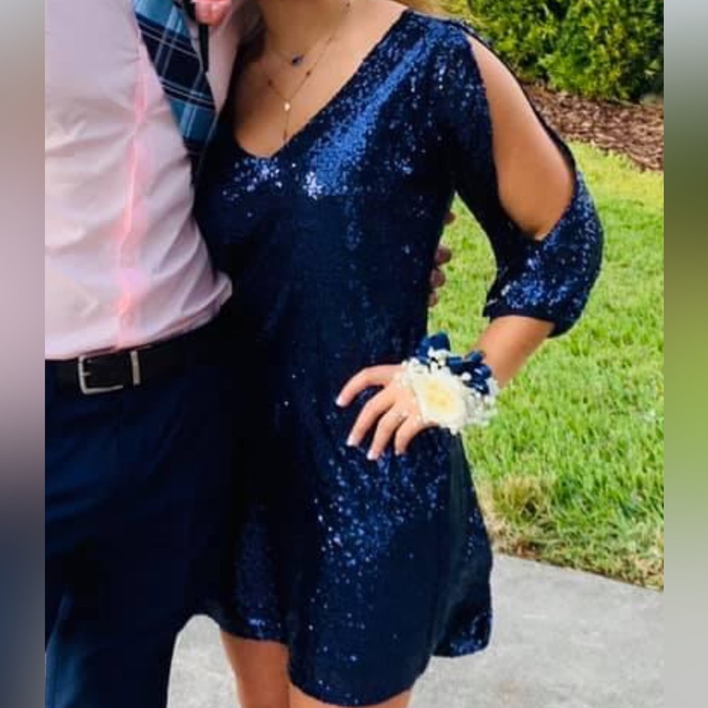 Navy Sequin Open Sleeve Semi-Formal Dress